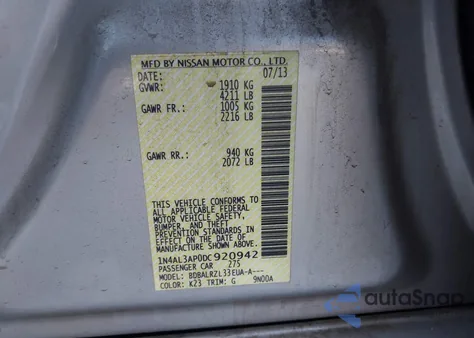 2013 Nissan Altima 2.5 from USA, damaged, VIN 1N4AL3AP0DC920942